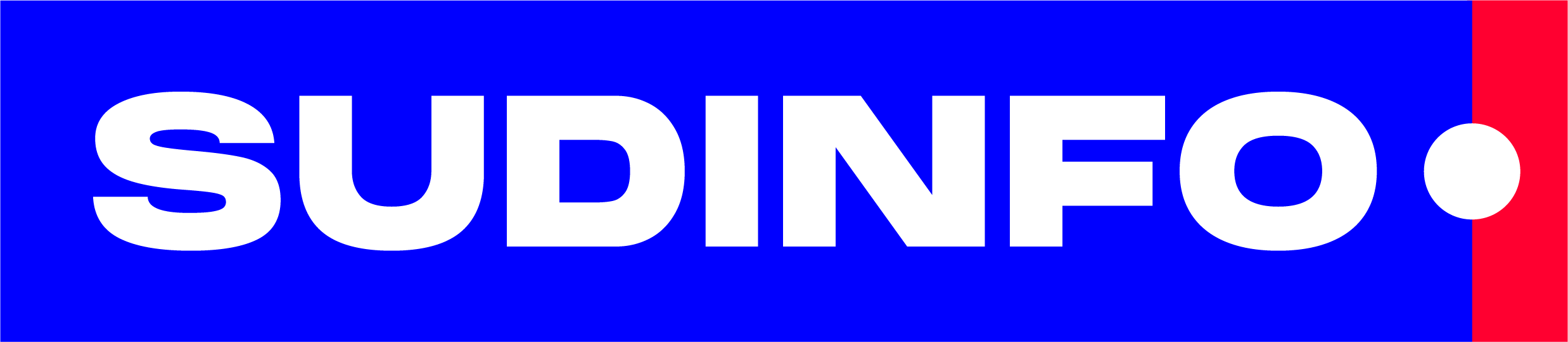 Logo Sudinfo, texte blanc sur fond bleu avec bord rouge et point blanc